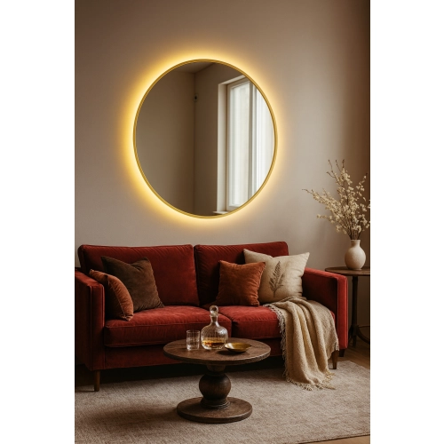 Lustro okrągłe w złotej ramie MDF SLIM z podświetleniem - OTYLIA LED - kolor ramy do wyboru